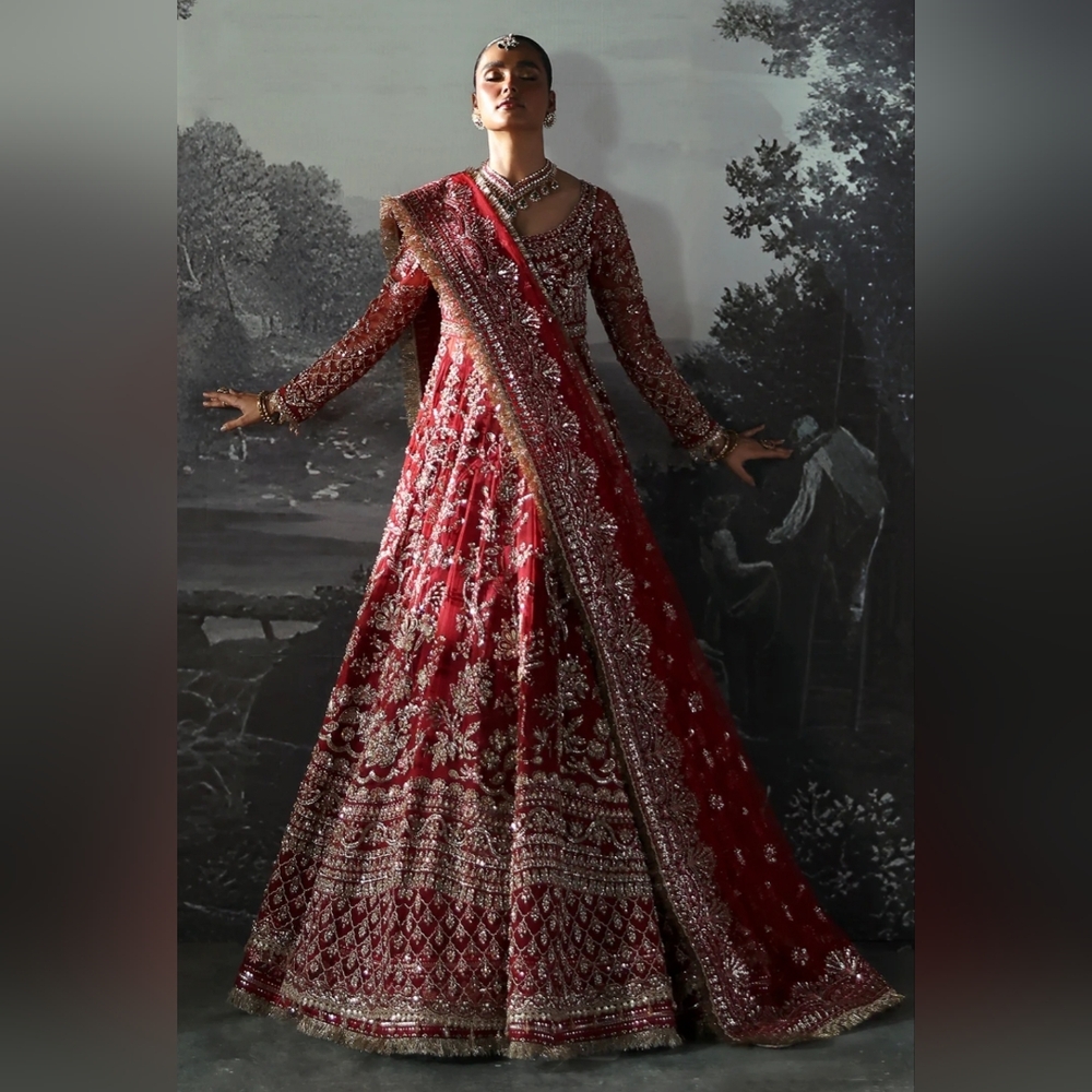 Afrozeh Elegant Red and Gold Embroidered Heavy BridalGown